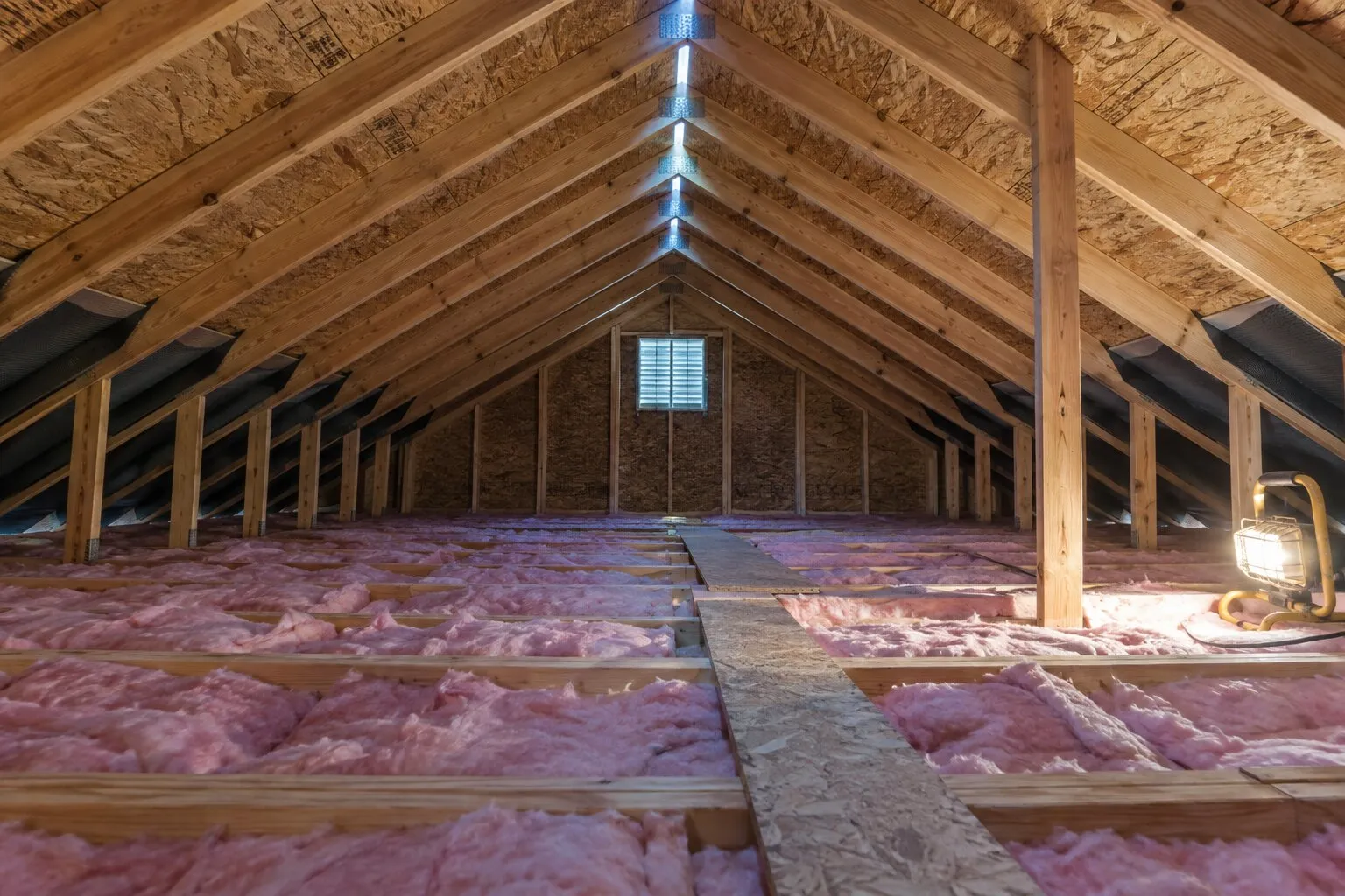 Attic ventilation calculator, Royal Oak: attic with insulation between the joists and daylight from the ridge vent along the peak