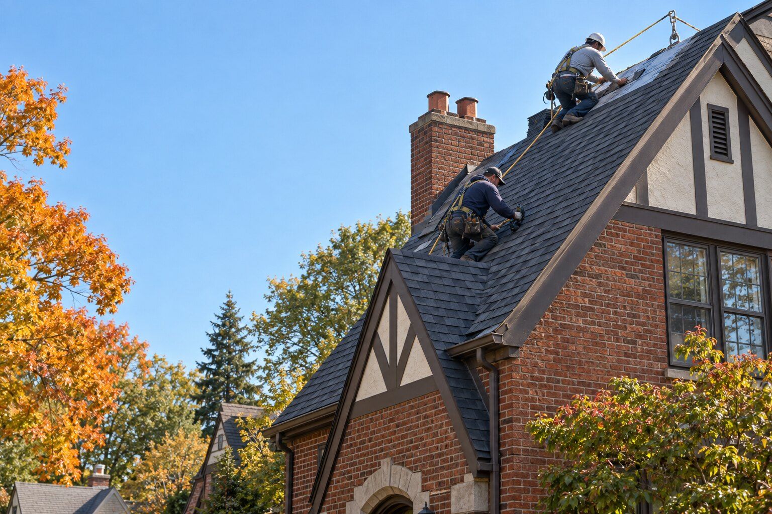 Roofers installing shingles on a steep brick Tudor-style roof