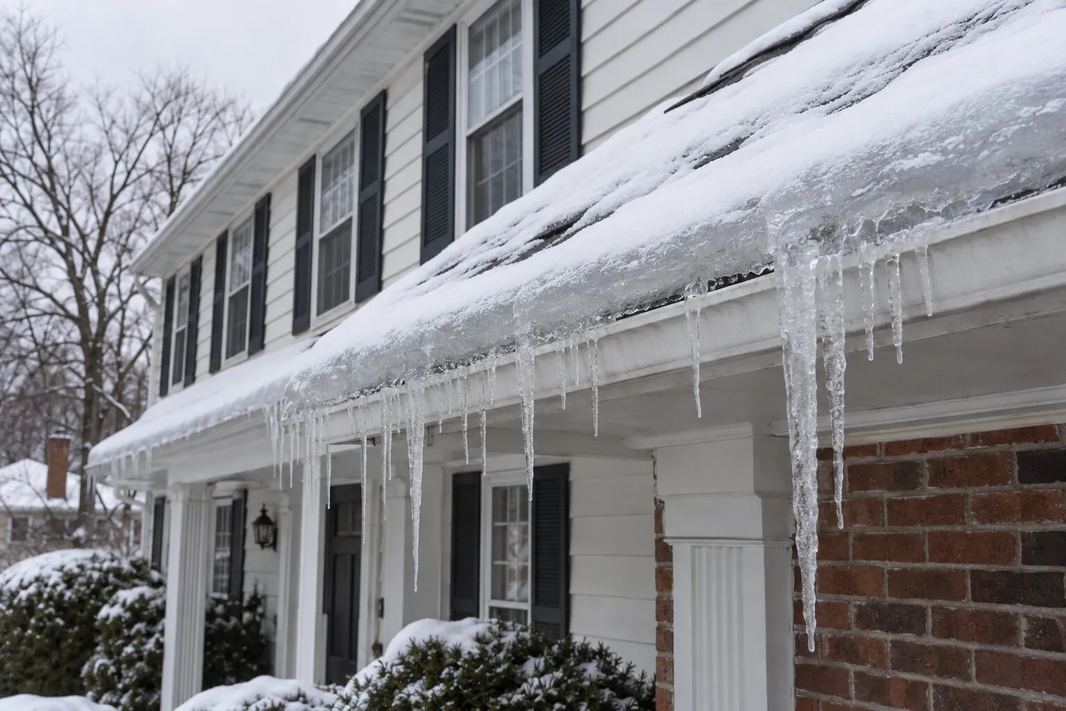 Ice dam and icicles along the eaves of a Michigan home