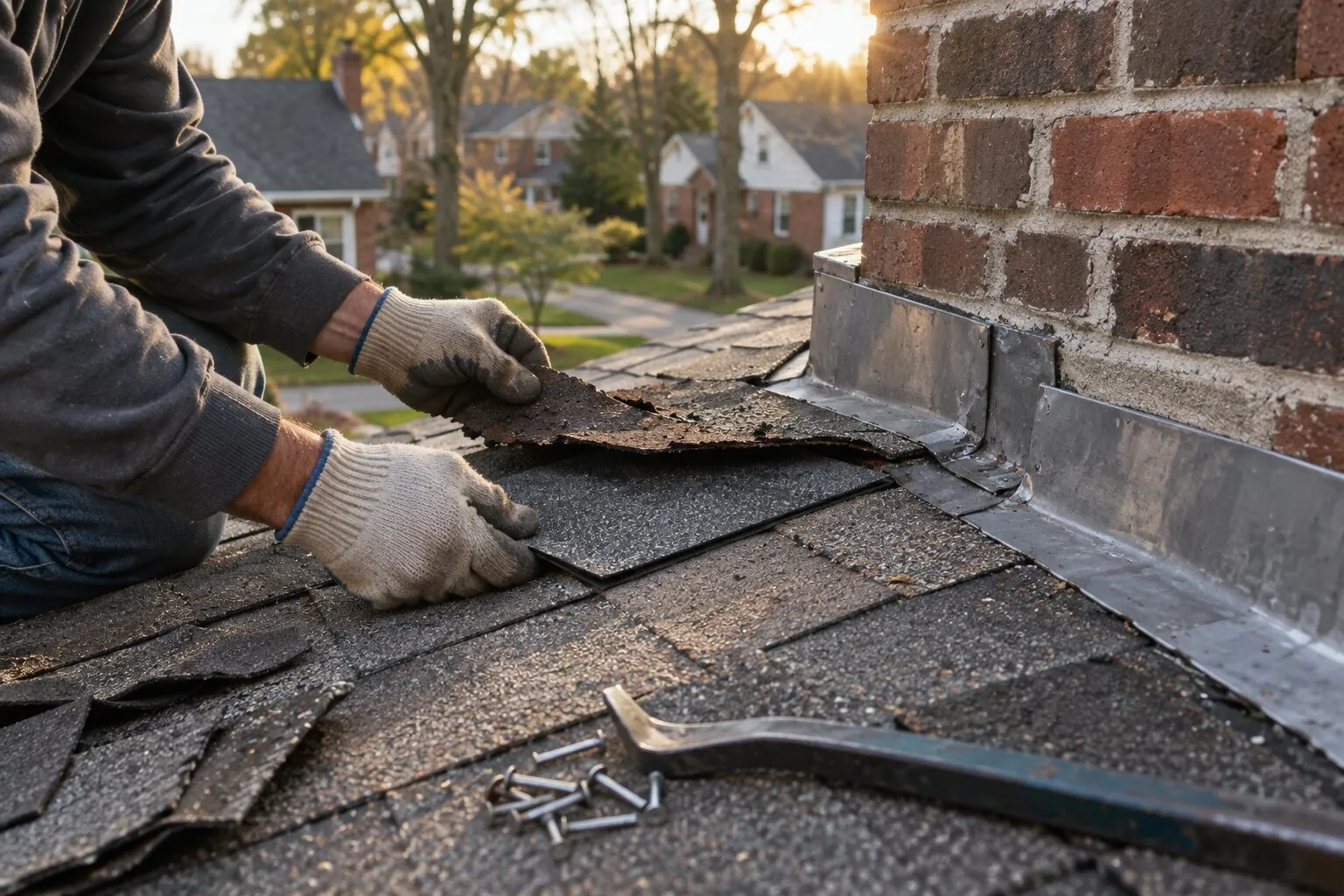 Roof repair cost, Royal Oak: roofer lifting a damaged shingle beside chimney flashing