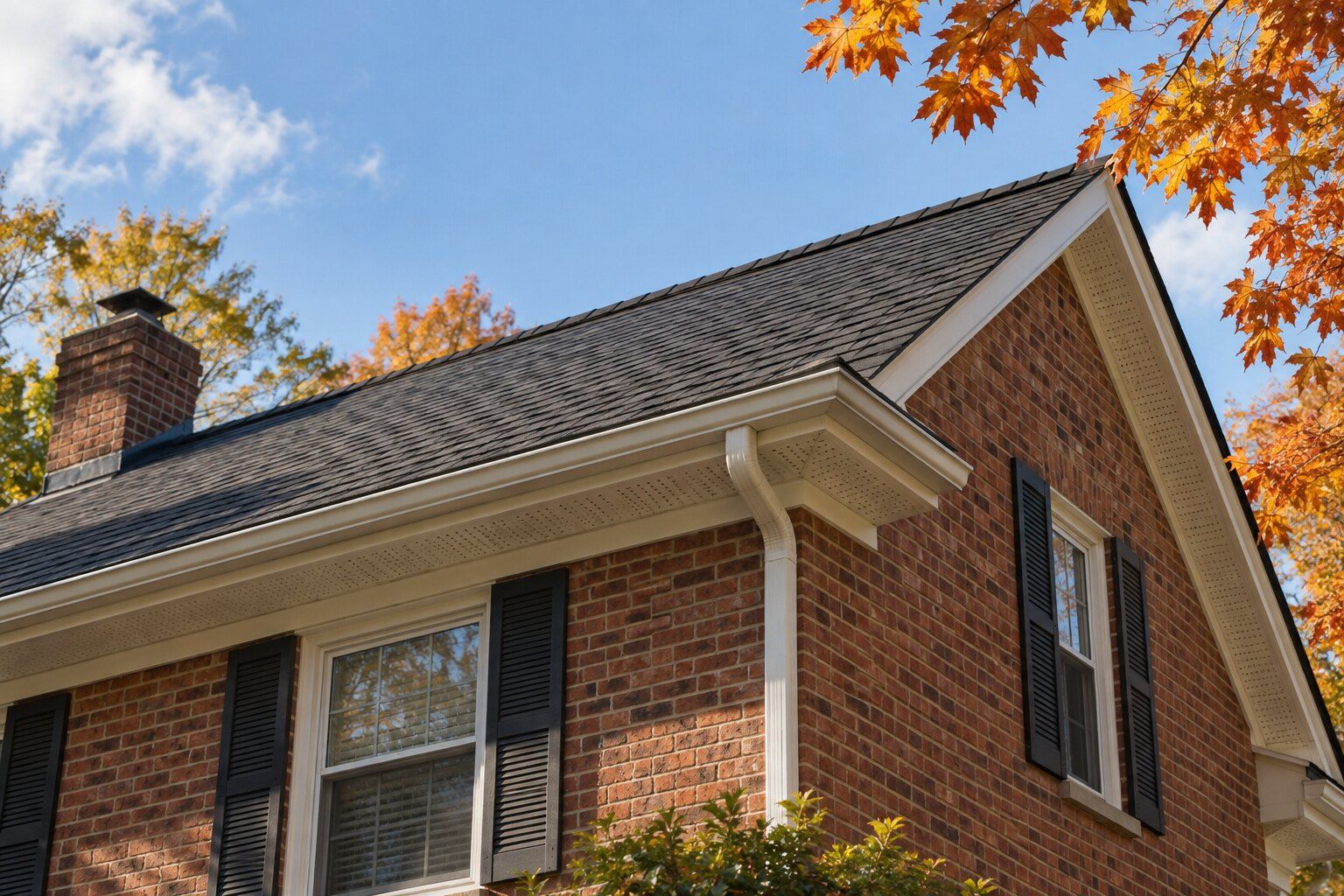 Roof ventilation, Royal Oak: ridge vent along the peak and soffit vents under the eaves of a brick colonial