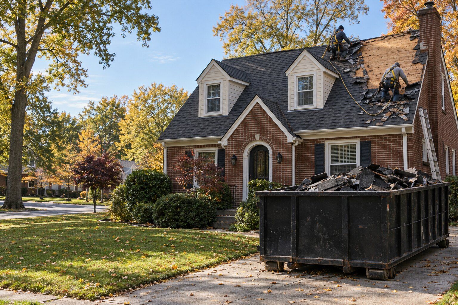 Roofers, Berkley: two roofers tearing off shingles on a 1940s brick Cape Cod, a full dumpster in the driveway