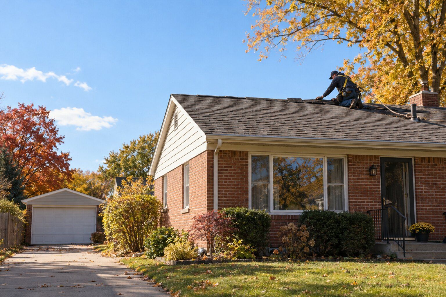 Roofers, Clawson: roofer replacing shingles near the ridge of a 1950s one-story brick ranch with a gable roof