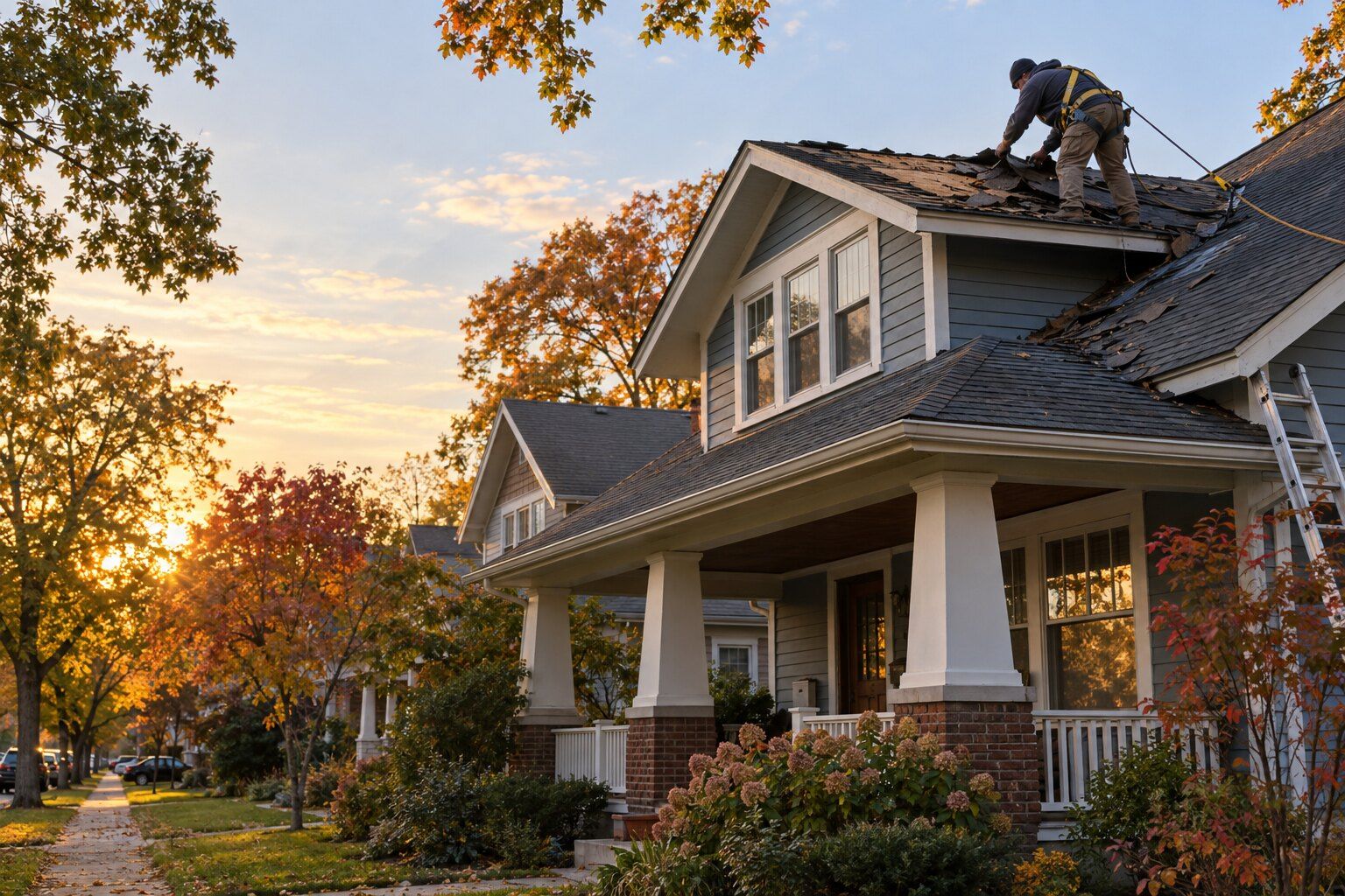 Roofers, Ferndale: a roofer stripping old shingles off the shed dormer of a 1920s bungalow with a deep front porch at dusk