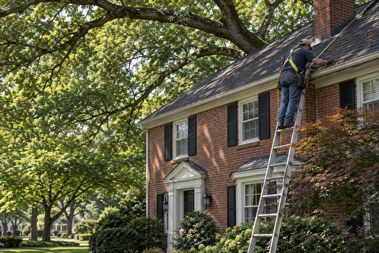 Roofers, Huntington Woods: a roofer on a ladder clearing the gutter of a 1930s red-brick colonial under old oaks