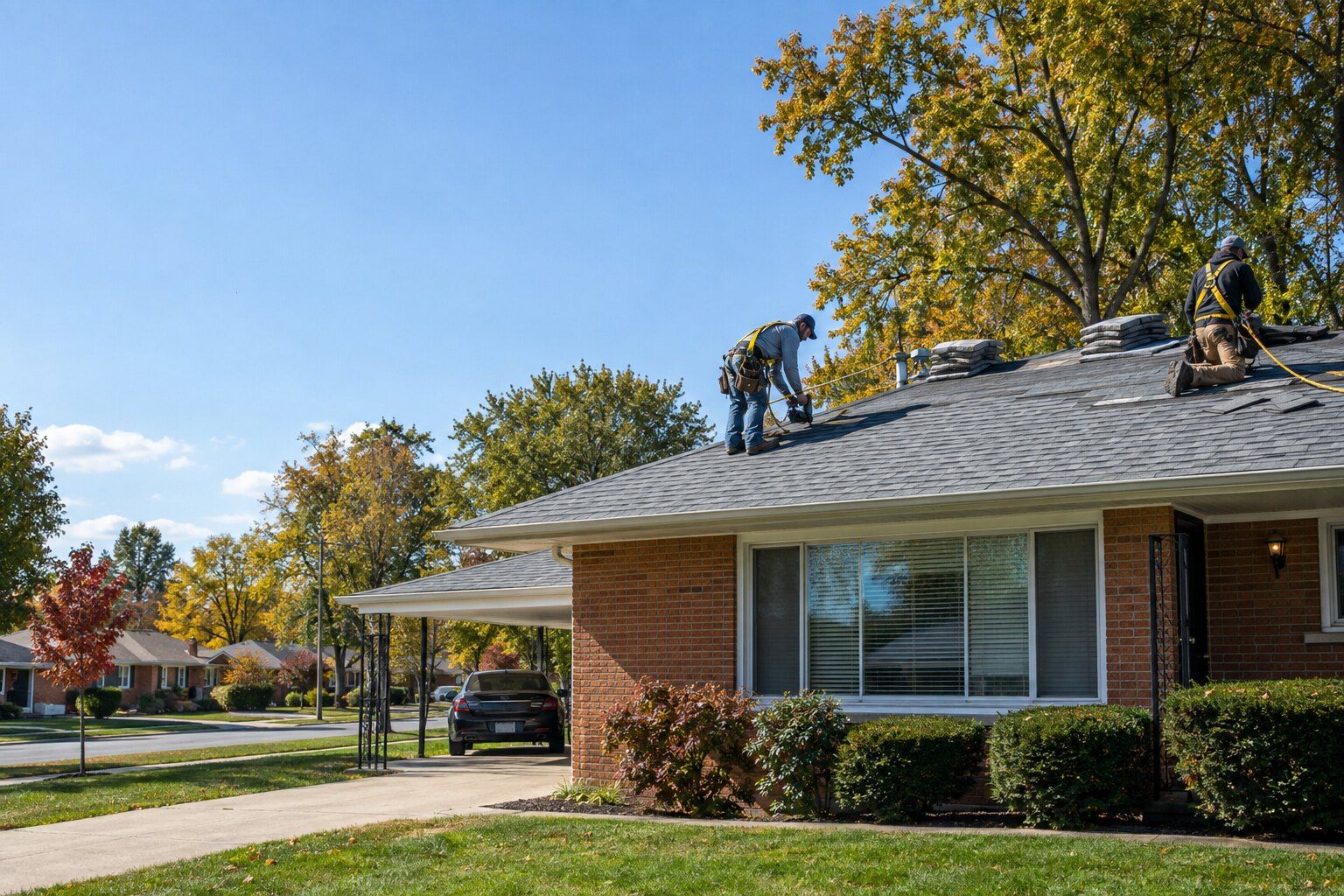 Roofers, Madison Heights: two roofers laying new shingles across the low-pitched roof of a 1950s brick ranch
