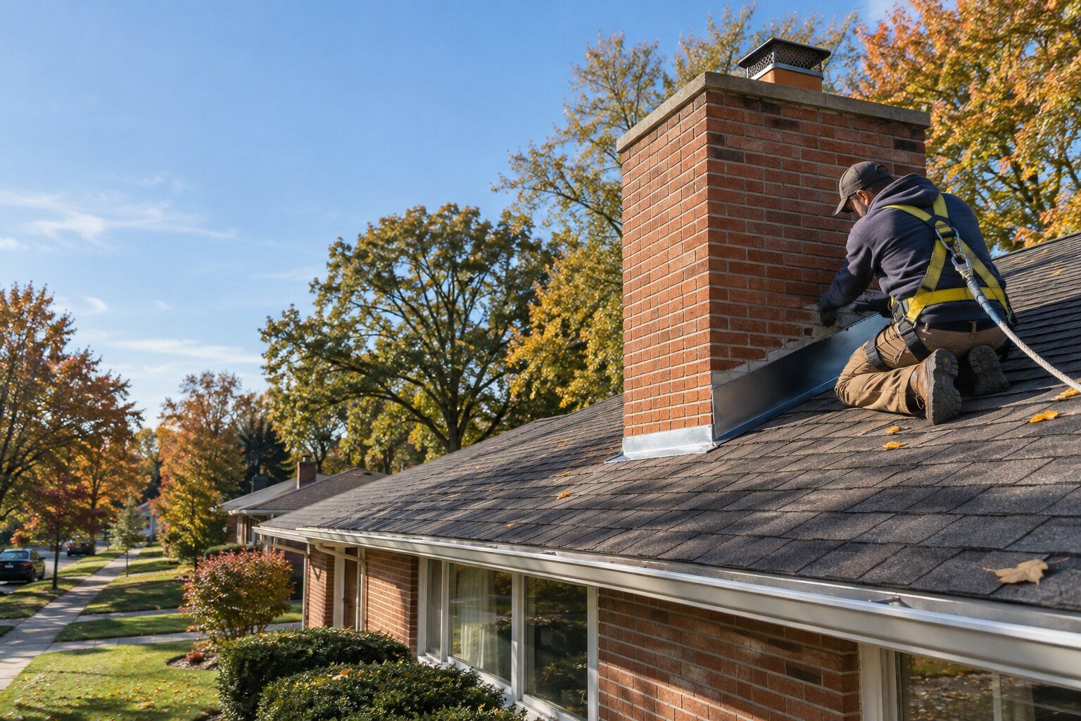 Roofers, Oak Park: roofer sealing new counter-flashing into the brick chimney of a 1950s ranch house