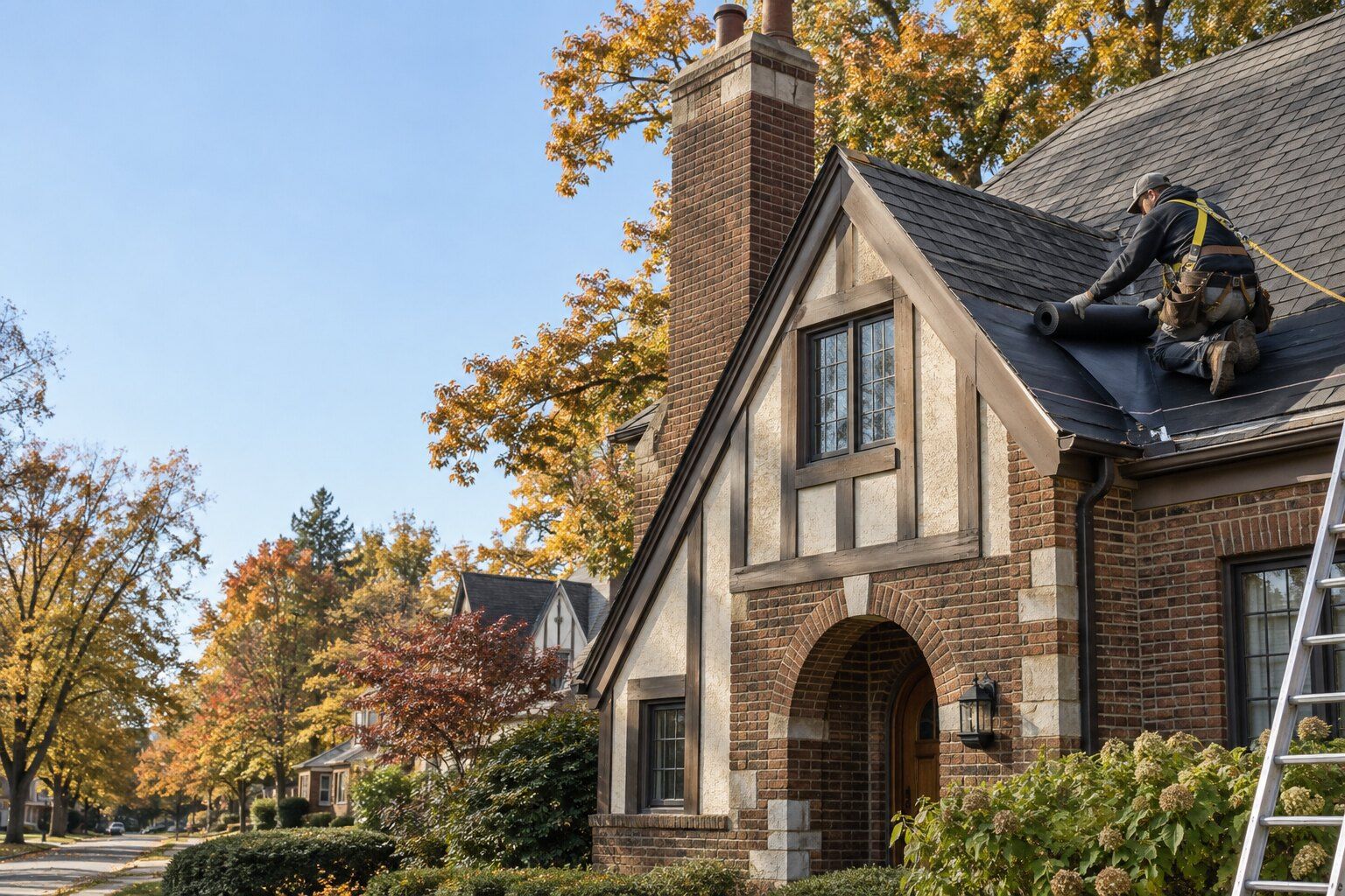Roofers, Pleasant Ridge: a roofer rolling out ice and water shield at the eave of a 1920s brick-and-stucco Tudor-style home