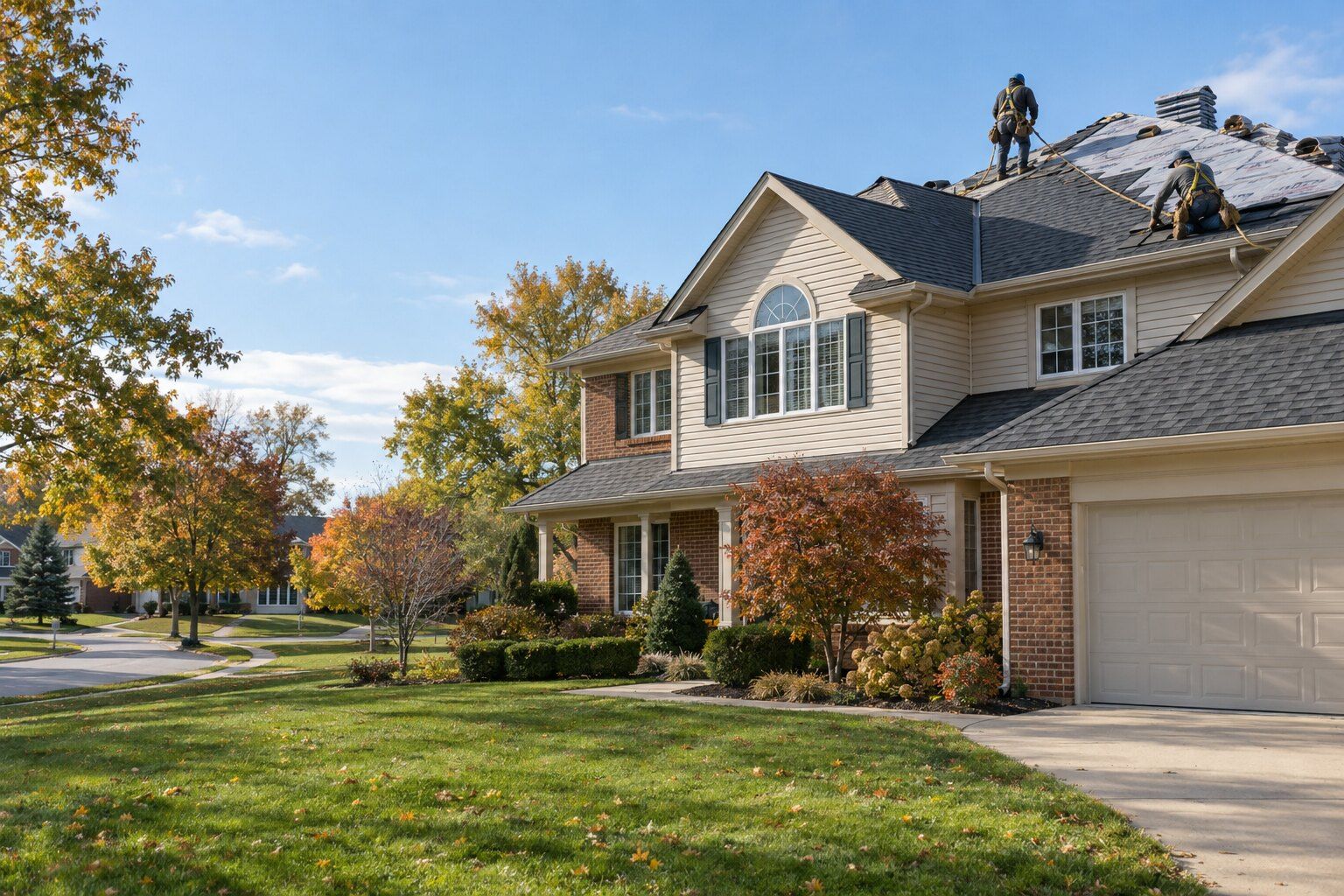 Roofers, Troy: two roofers laying charcoal shingles on the upper roof of a large brick and siding colonial
