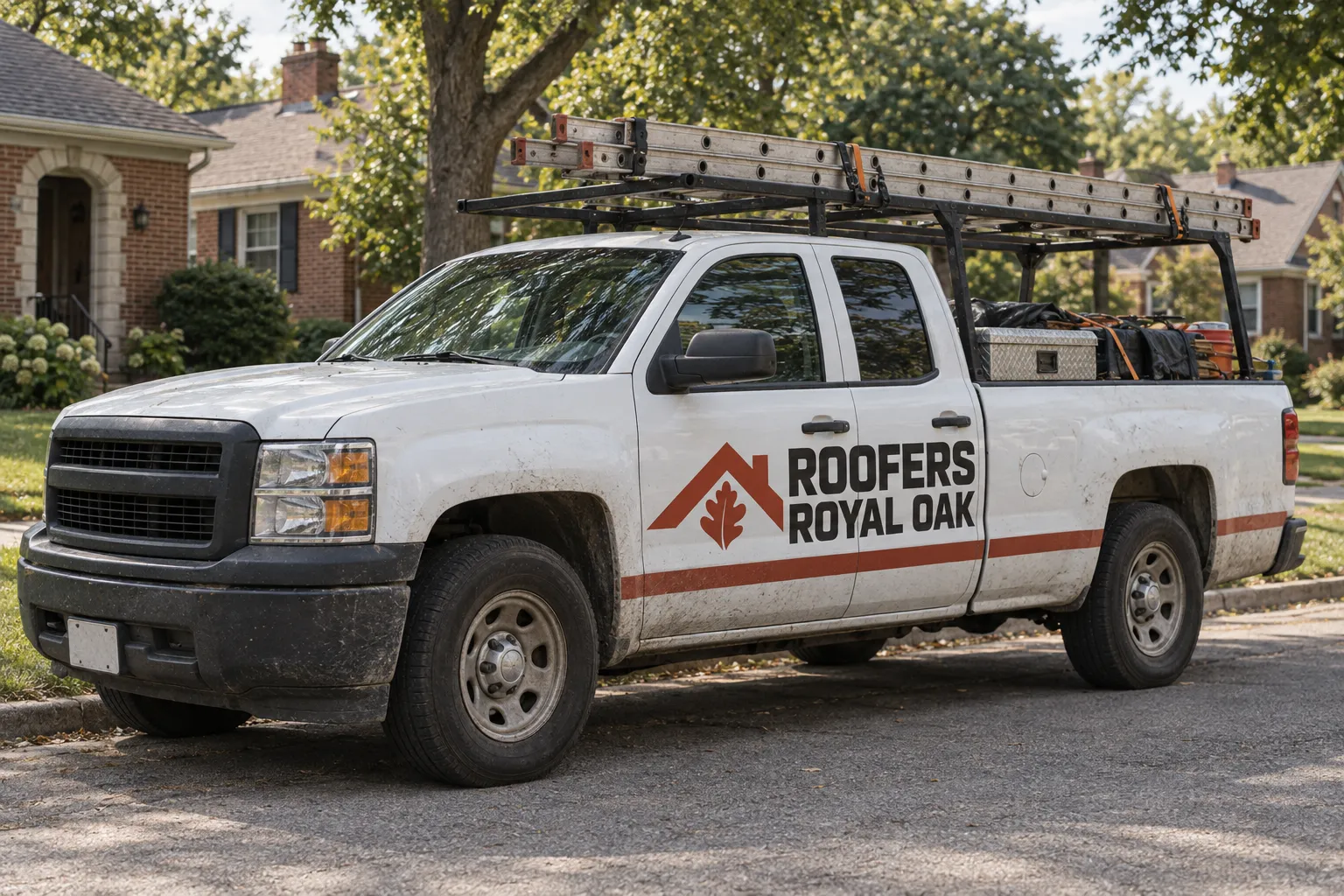 Roofers Royal Oak branding on a used roofing pickup with a ladder rack, toolbox and brick-red signwriting