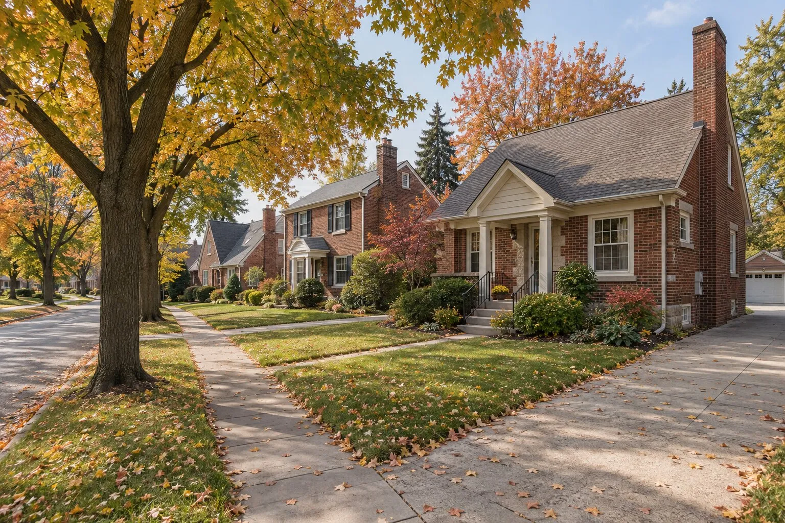 Tree-lined street of older brick homes in autumn