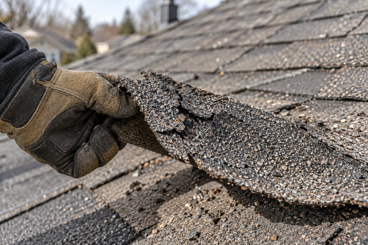 Roofing calculators, Royal Oak: gloved hand lifting a worn shingle that has lost its granules
